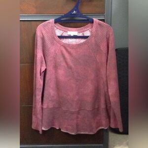 New Directions Mauve Tye Die Crew Neck Waffle Knit Long Sleeve Top Sz Large